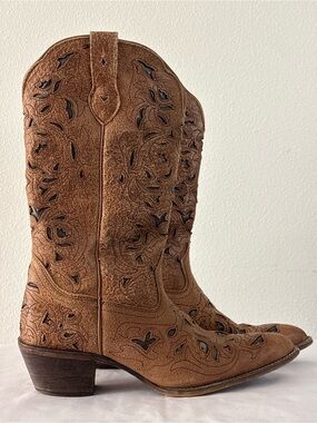 Laredo 52101 Women’s Sz 7M Brown Miranda Leather Inlay Western Boots